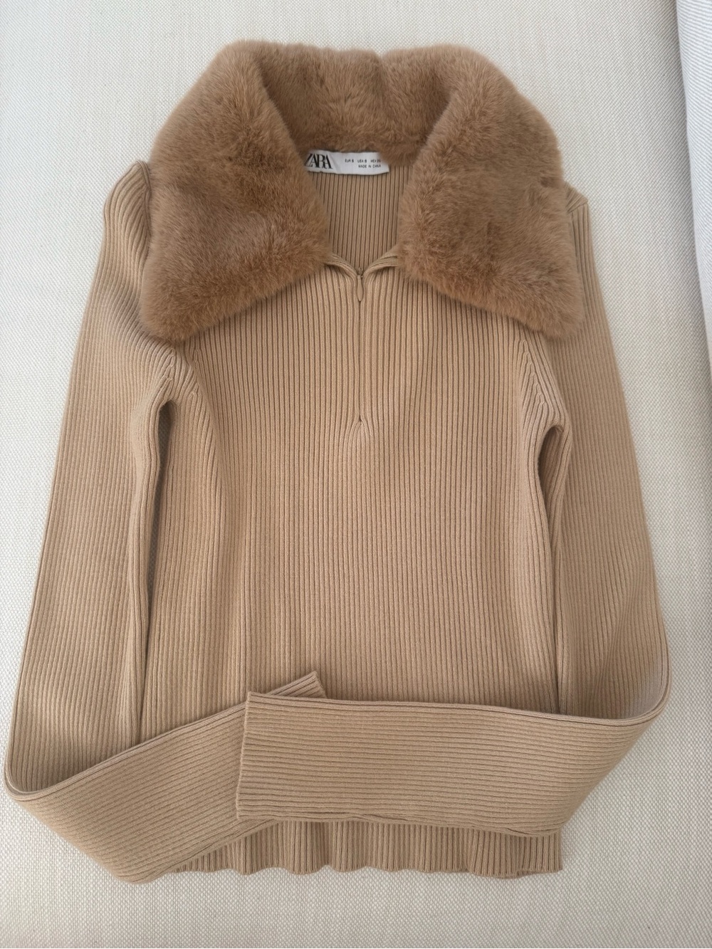 Zara Ribbed Zip-Neck Sweater with Faux Fur Collar - Beige - Picture 2 of 3